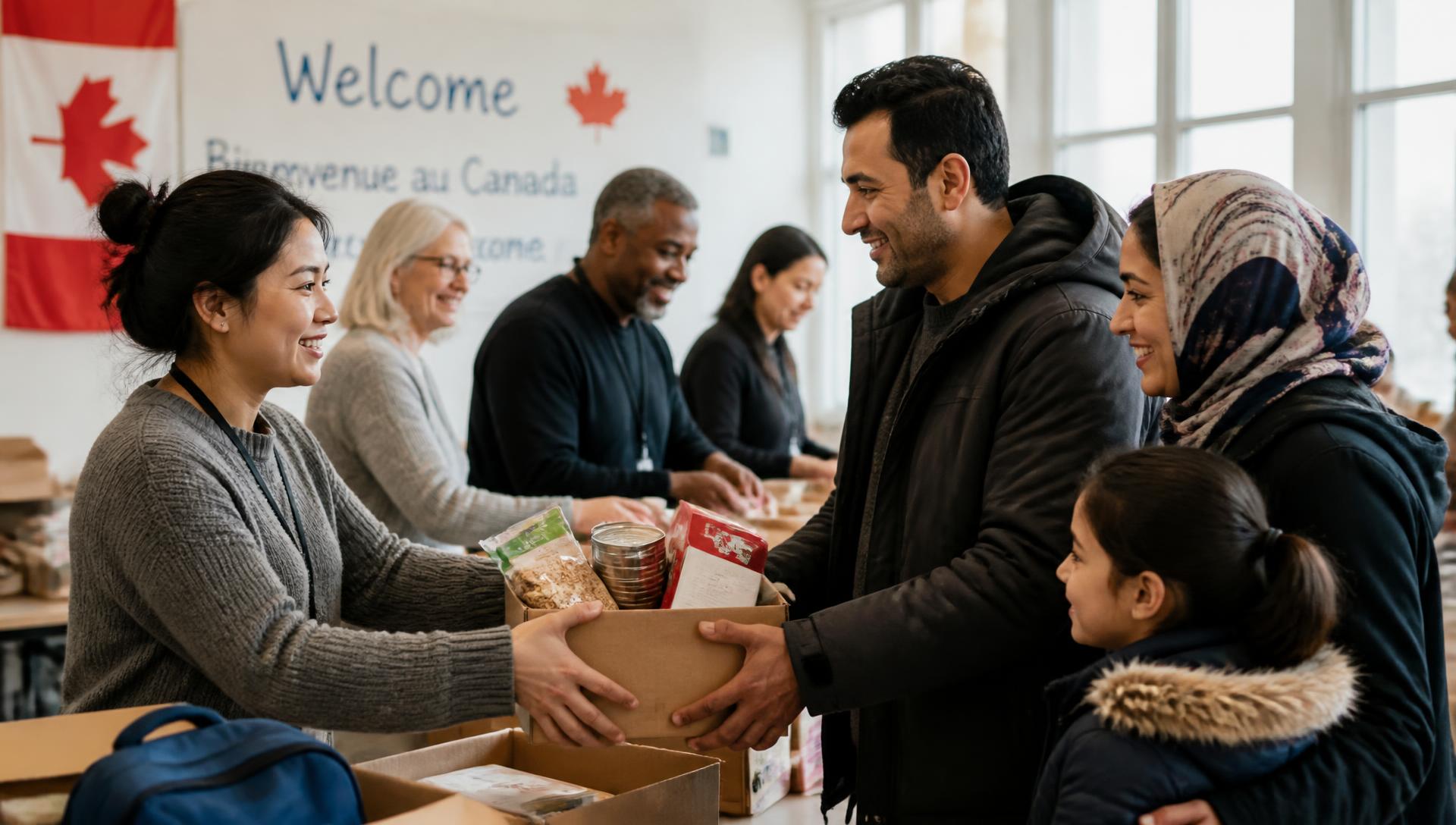 Volunteers handing a box of food to a newcomer family